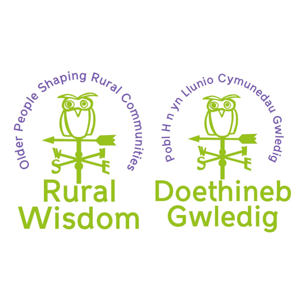 Rural Wisdom, Older people shaping rural communities. Owl logo, in English and Welsh