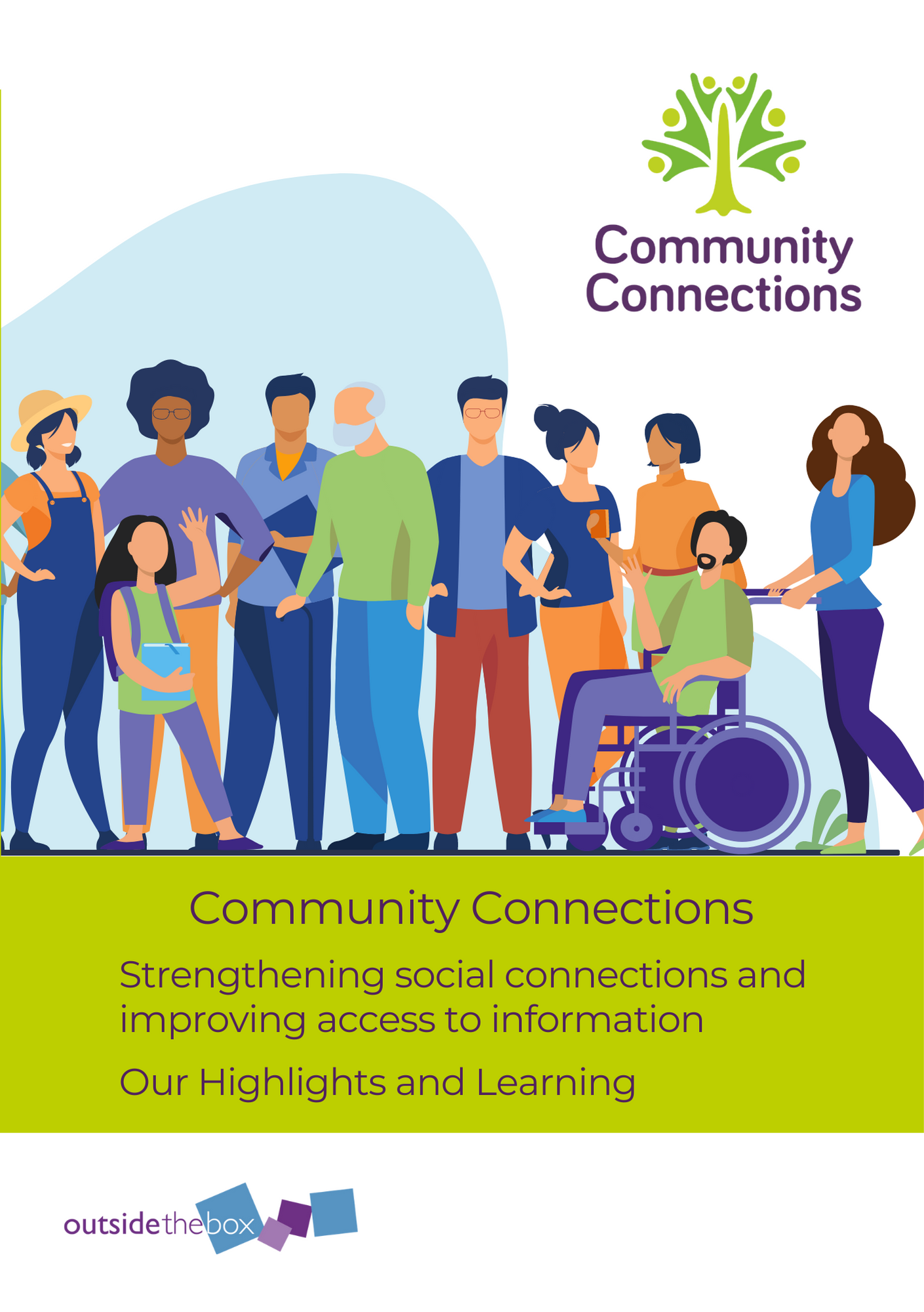 Community connections - Our highlights and learning. Strengthening social connections and improving access to information. Illustration shows a friendly community