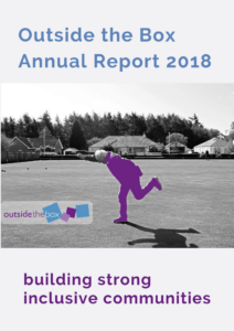 Outside the Box annual report 2018. Building strong, committed communities. Photo of an older man striking a dramatic pose while playing bowls