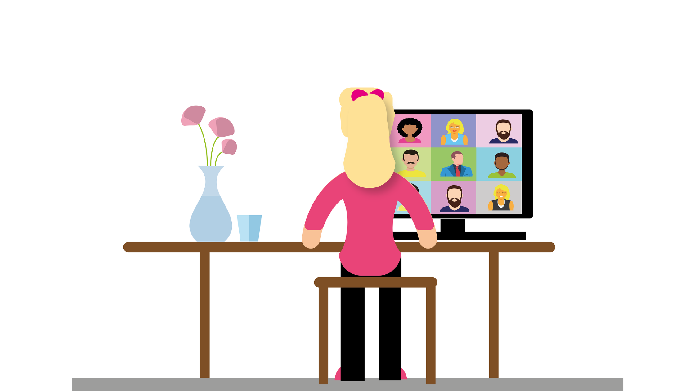 Cartoon of a woman at a desk, video calling