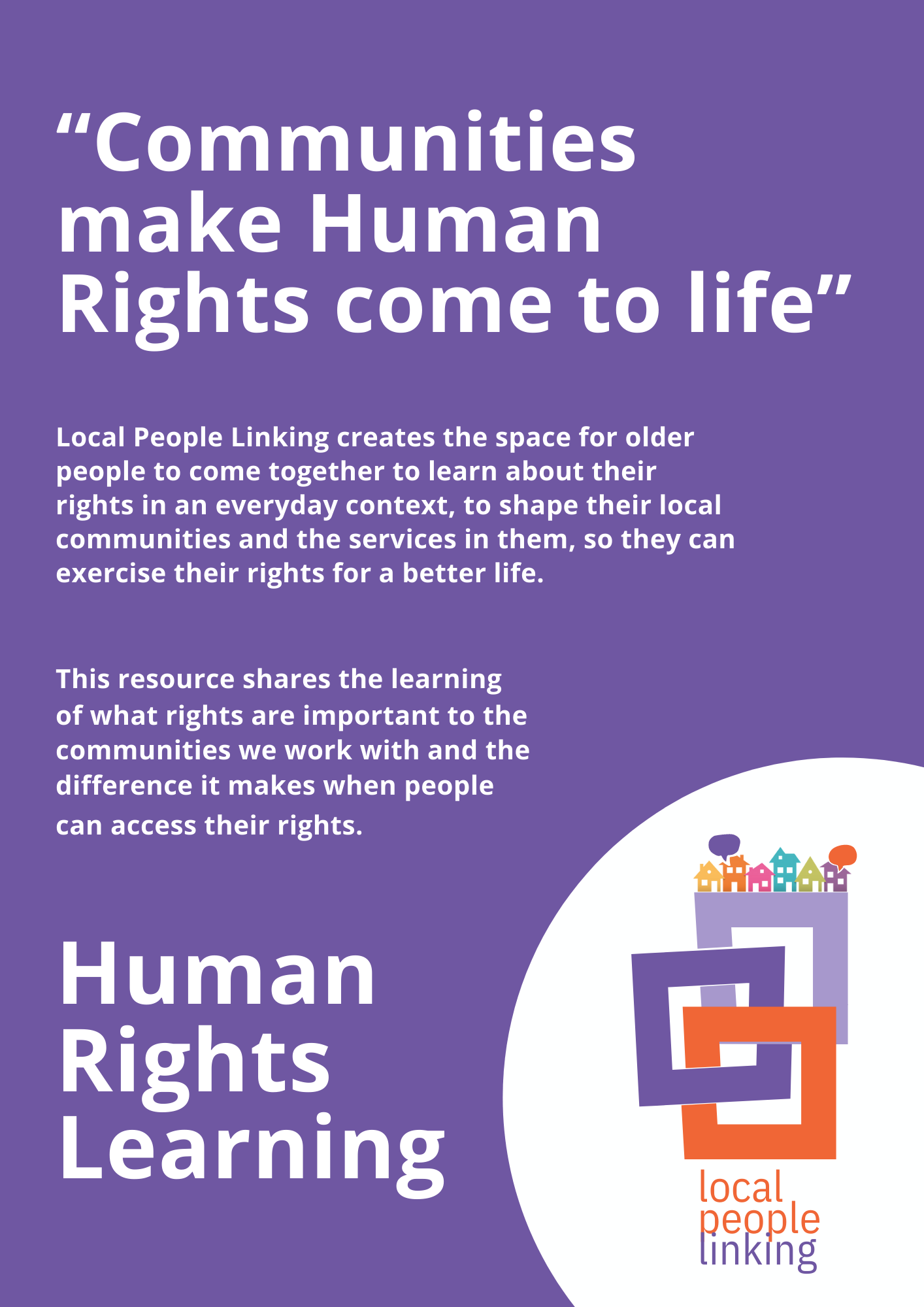 Human Rights Learning cover image with Local People Linking's logo. Large text reads "Communities make human rights come to life". The first 2 paragraphs of the resource are included in unreadably small text.
