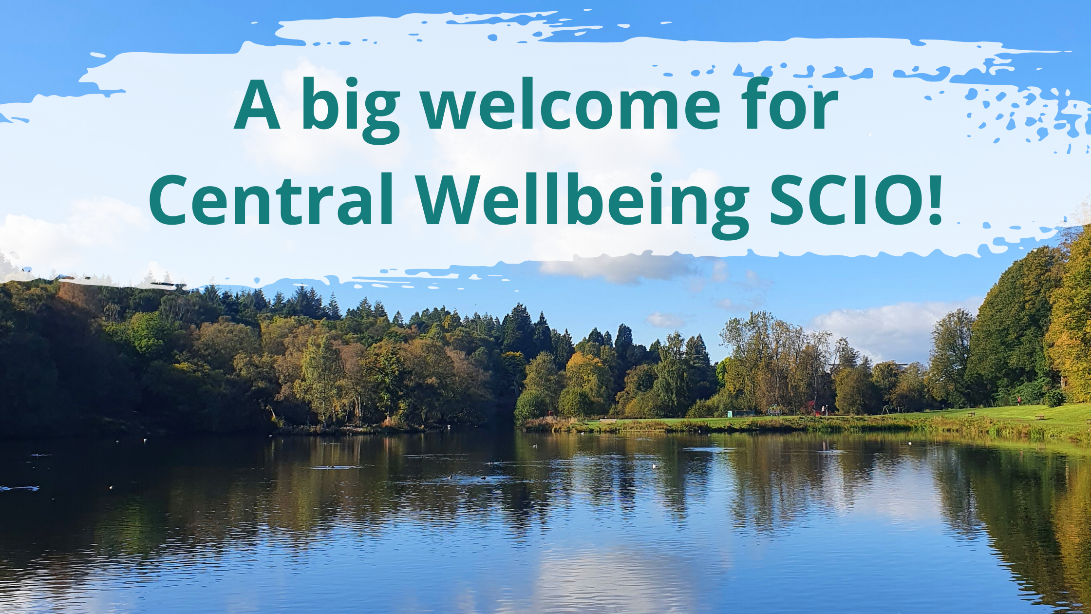 A big welcome for Central Wellbeing SCIO! A sunny lake and trees