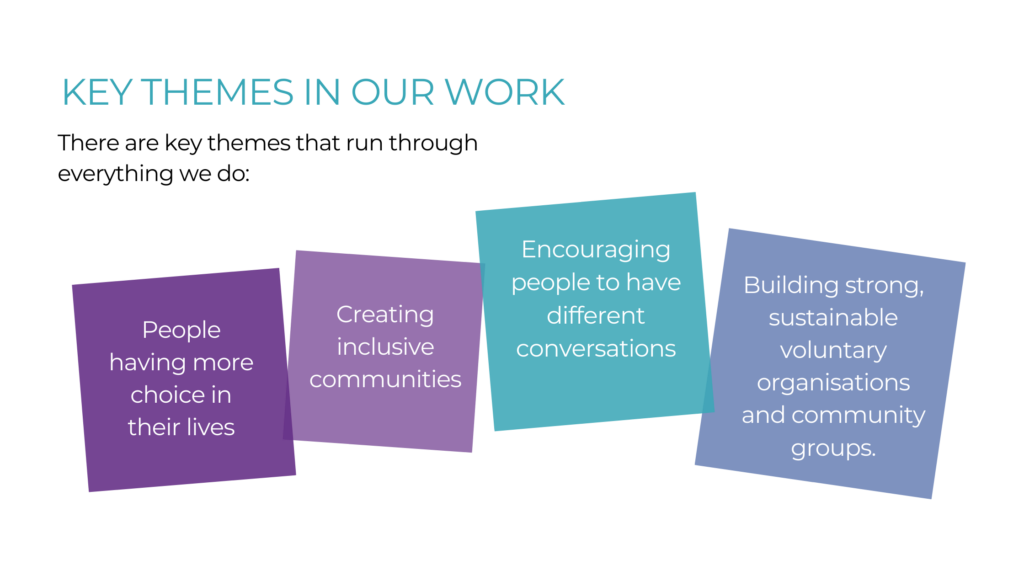 Key themes in our work. People having more choice in their lives. Creating inclusive communities. Encouraging people to have different conversations. Building strong, sustainable voluntary organisations and community groups.