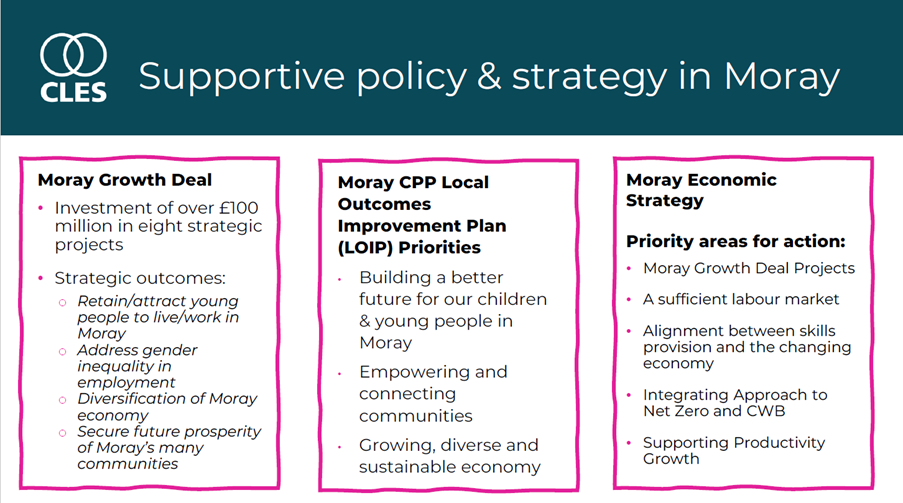 Supportive policy and strategy in Moray - long text. 1 Moray Growth Deal. Investment of over £100 million in eight strategic projects. The strategic outcomes are: To retain and attract young people to live and work in Moray. To address gender inequality in employment. Diversification of the Moray economy. To secure the future prosperity of Moray’s many communities. 2 Moray CPP Local Outcomes Improvement Plan (LOIP). The priorities are: Building a better future for our children and young people in Moray. Empowering and connecting communities. Growing a diverse and sustainable economy. 3 Moray Economic Strategy. Priority areas for action are: Moray Growth Deal projects. A sufficient labour market. Alignment between skills provision and the changing economy. Integrating community wealth building and the approach to Net Zero. Supporting growth in productivity. 