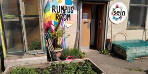 Rumpus Room outside door and raised beds