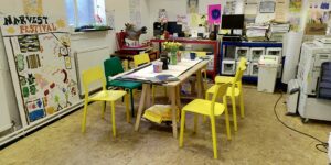 Table, chairs and flowers in the art studio